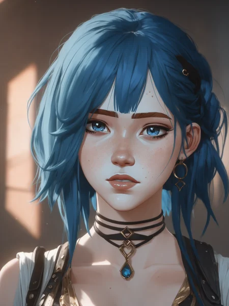 beautiful age 18 girl, arcane, blue hair, freckles, sexy, beautiful, dslr, 8k, 4k, natural skin, textured skin,