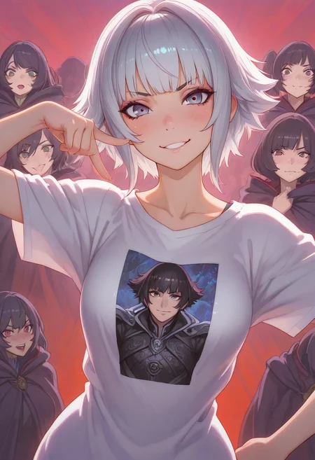 score_9, score_8_up, score_7_up, score_6_up, masterpiece, best quality, high res, pinup pose, source_ecchi, anime, ((ecchi)), ((nsfw)), high resolution , intricate detail, lush detail, really detailed face, Firm Anatomy, Ultra realistic digital art, (jdfb) is a divine white haired motherly cosmic god in space, ((overwhelming power and perfection)), sci fi, skimpy chrome metallic robes, (glowing golden eyes), Feminine, ((Perfect Face)), ((Sexy Face)), ((sexy appearance)), ((sexy body)), ((Detailed Pupils)), (Anders Zorn, ilya Kuvshinov, jean-baptiste Monge, Sophie Anderson, Gil Elvgren), Evocative Pose, Smirk, Look at Viewer, ((Tee Shirt)), (Intricate), (High Detail), Sharp, <lora:studio_madhouse_xl_v1:0.65>, <lora:trt_v0.3_noobai_cwhj:0.5>, <lora:princess_xl_v2:0.8>, <lora:add-detail-xl:-1>, <lora:aesthetic_anime_v1s:1.2>