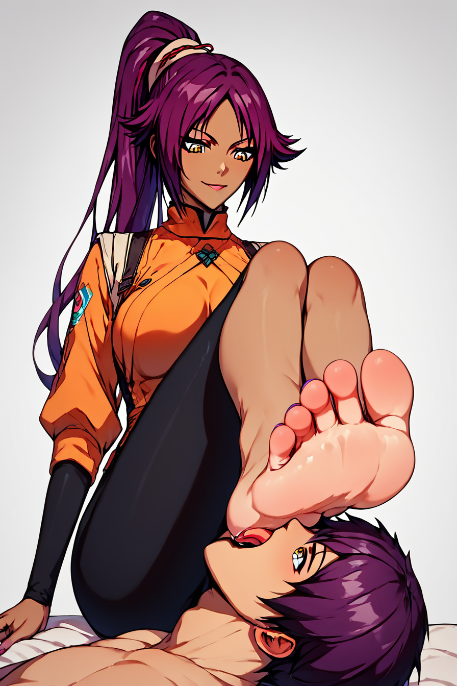 score_9, score_8_up, score_7_up, score_6_up, score_5_up, score_4_up, <lora:yoruichi-shihouin-ponyxl-lora-nochekaiser:0.8> , yoruichi shihouin, long hair, yellow eyes, ponytail, purple hair, dark skin, dark-skinned female, bodysuit, black bodysuit, bodysuit under clothes, orange shirt, long sleeves, <lora:foot_worship_pony:0.8>, 1girl, 1boy, sitting, feet, barefoot, toenails, legs, licking foot, foot worship, femdom, feet, looking down, masterpiece, highres, highly detailed face, highly detailed shining eyes, symmetrical highly detailed eyes, white background, simple background