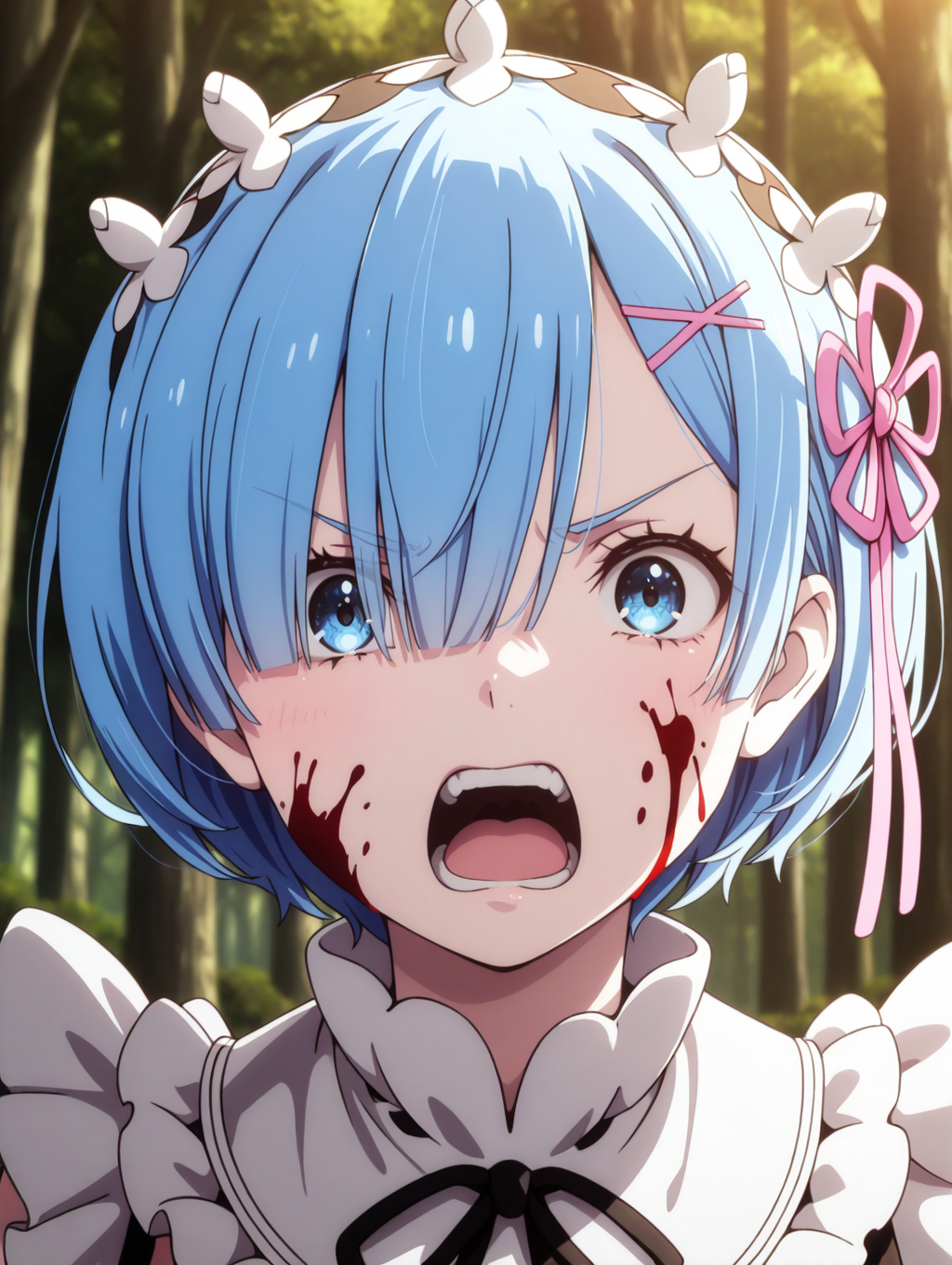<lora:Rem Illu:1>1girl, solo, 
r3m, anime screencap, 1girl, blue hair, blue eyes, short hair, open mouth, hair over one eye, blood on face, x hair ornament, angry, roswaal mansion maid uniform, forest, looking at viewer, nature, portrait, hair ribbon, maid headdress, anime coloring, blurry background, frills, tree, outdoors, shouting, teeth, pink ribbon
 <lora:cfg_scale_boost:1>, masterpiece, best quality