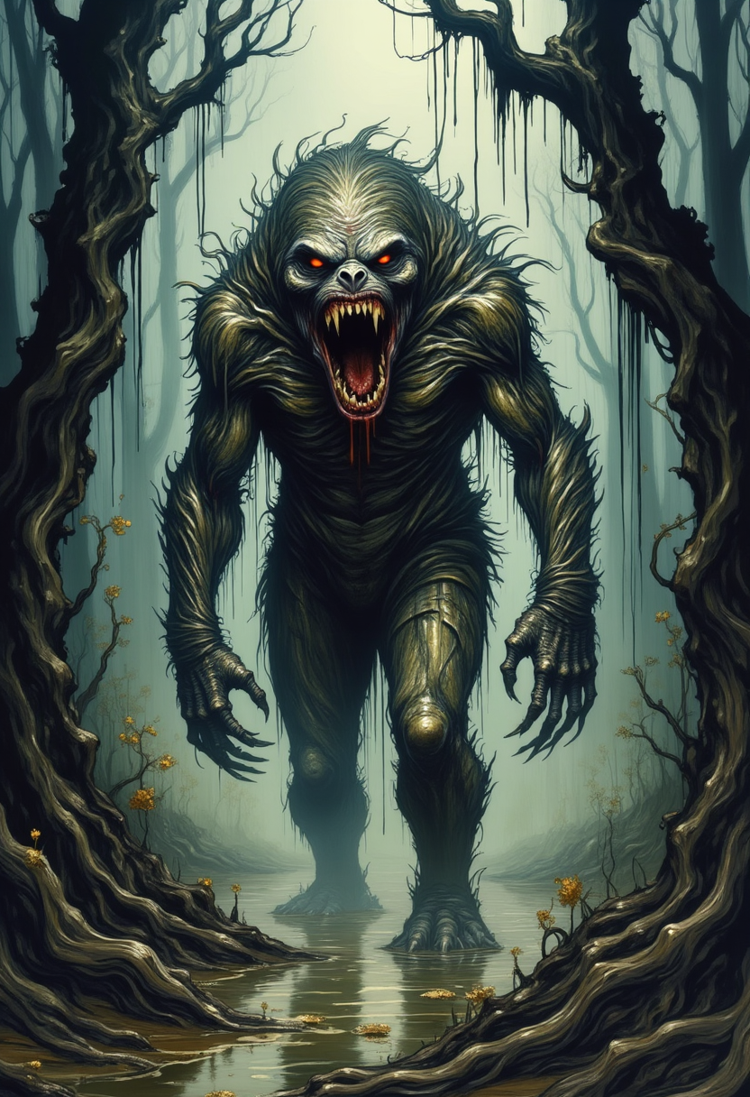 yfg-liqd, Create a hauntingly atmospheric scene of a monstrous creature lurking in a dark, swampy forest. The creature is a terrifying hybrid of a sloth and a primal predator, with twisted, matted fur dripping with swamp water and grime. Its large, clawed limbs dig into the muddy ground, leaving deep grooves as it prowls menacingly. Its wide, gaping mouth is filled with razor-sharp, jagged teeth, dripping with saliva that gleams in the dim light, adding a visceral, horrifying detail to its appearance. The creature's hollow, soulless eyes glow faintly, exuding an otherworldly and malevolent aura. The surrounding environment is a dense, eerie swamp. Thick, twisted tree branches loom overhead, draped with long strands of moss that hang like ghostly curtains. The forest is shrouded in mist, giving the scene an ethereal, chilling vibe. Pools of murky water reflect the faint glow of light breaking through the dense canopy above. The ground is uneven and covered in twisted roots, decaying leaves, and muddy patches that amplify the sense of decay and desolation. The lighting is dim and moody, with a cold, bluish-green hue dominating the color palette. Shafts of weak light filter through the fog and foliage, creating a stark contrast between the deep shadows and the creature's grotesque features. The background is cloaked in darkness, with only faint silhouettes of trees and swamp vegetation visible, enhancing the isolation and danger of the setting. Emphasize the raw, feral energy of the creature, capturing its predatory stance as it seems to lock onto its prey. Its sharp claws, glistening with muck, and the chilling details of its snarling face should draw the viewer's attention immediately, creating a sense of dread and unease. The overall atmosphere should evoke feelings of fear, suspense, and the lurking presence of a nightmarish predator in a desolate, unwelcoming environment.