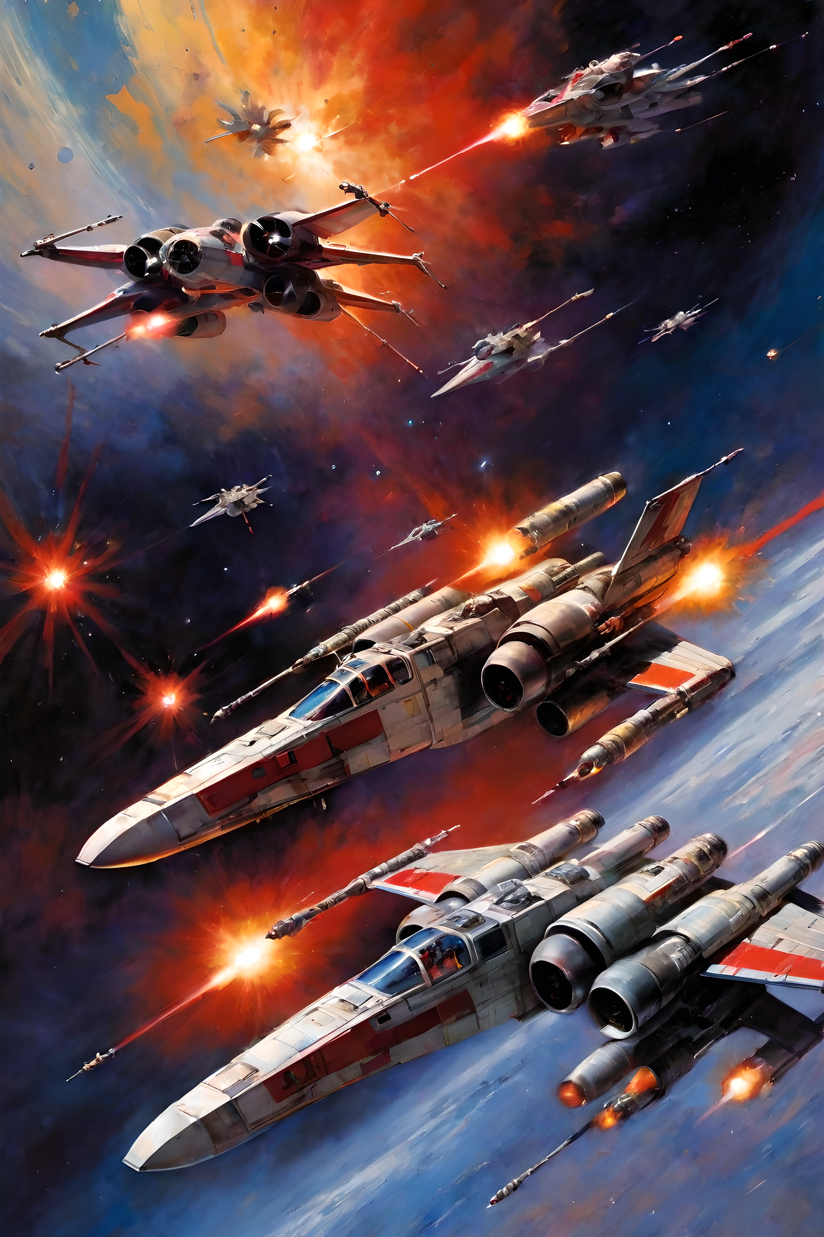 art by john berkey, a masterpiece, stunning detail, a rebellion X-Wing flying through the galaxy, firing red laser missiles, being chased by the empires tie-fighters, 