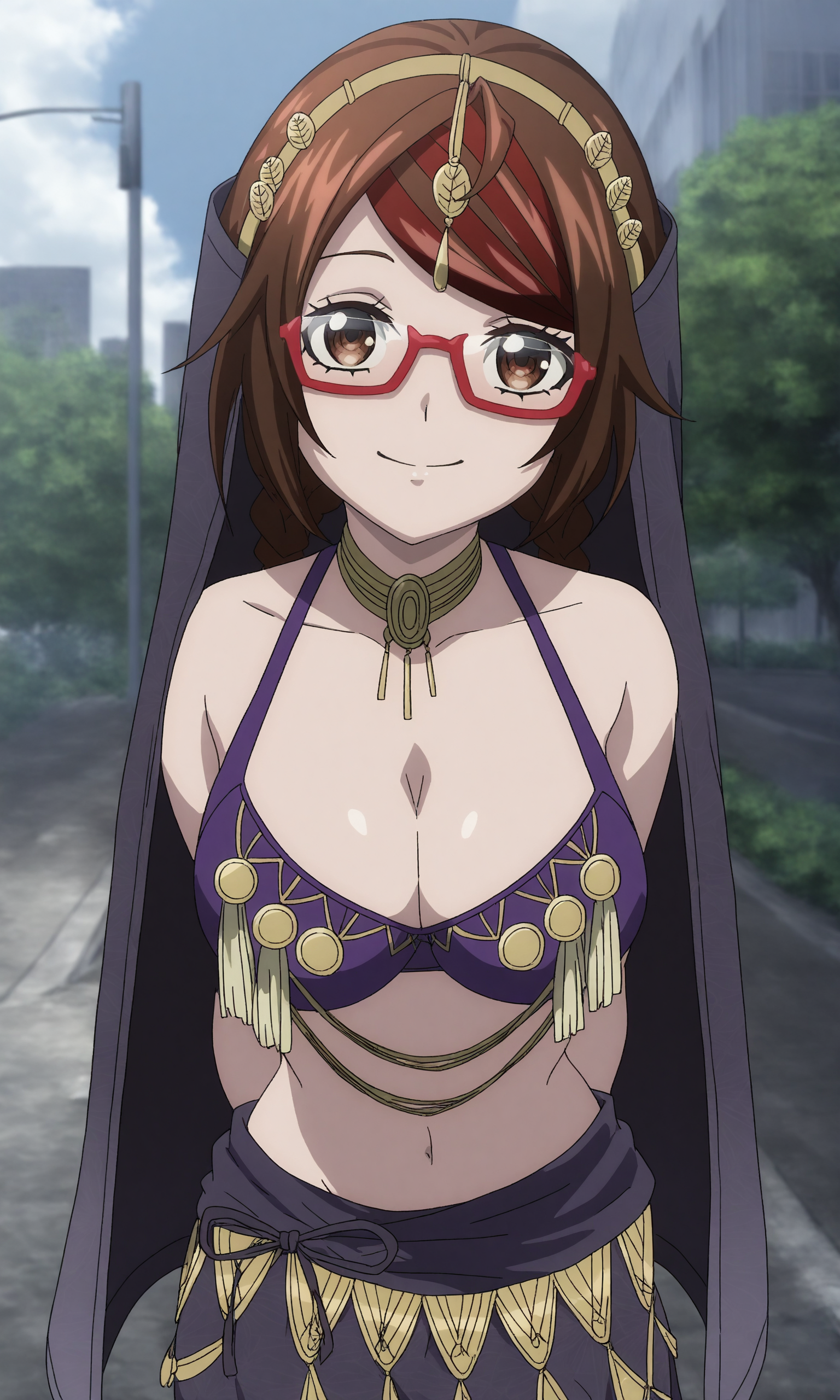 masterpiece, best quality, high resolution, absurdres, 1girl, sakimiya_misaki, brown_eyes, brown_hair, short_hair, twin_braids, streaked_hair, large_breasts, red-framed_eyewear, black_veil, yellow_hairband, jewelry, choker, purple_bra, long_skirt, black_skirt, looking_at_viewer, arms_behind_back, outdoors, day, sky, smile, head_tilt,