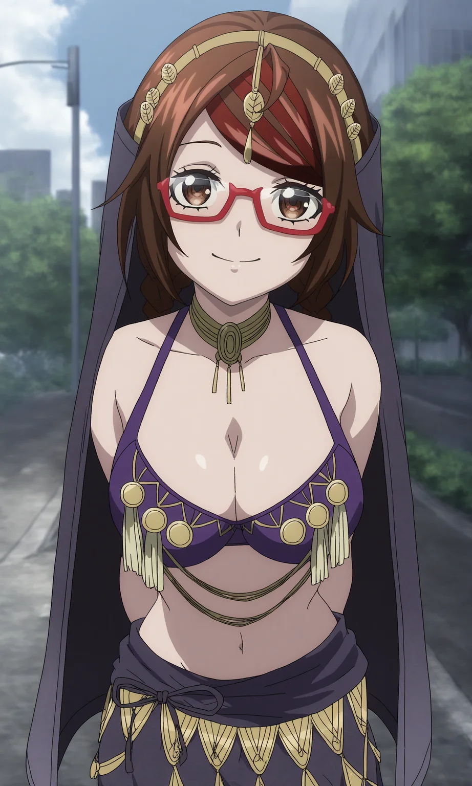 masterpiece, best quality, high resolution, absurdres, 1girl, sakimiya_misaki, brown_eyes, brown_hair, short_hair, twin_braids, streaked_hair, large_breasts, red-framed_eyewear, black_veil, yellow_hairband, jewelry, choker, purple_bra, long_skirt, black_skirt, looking_at_viewer, arms_behind_back, outdoors, day, sky, smile, head_tilt,
