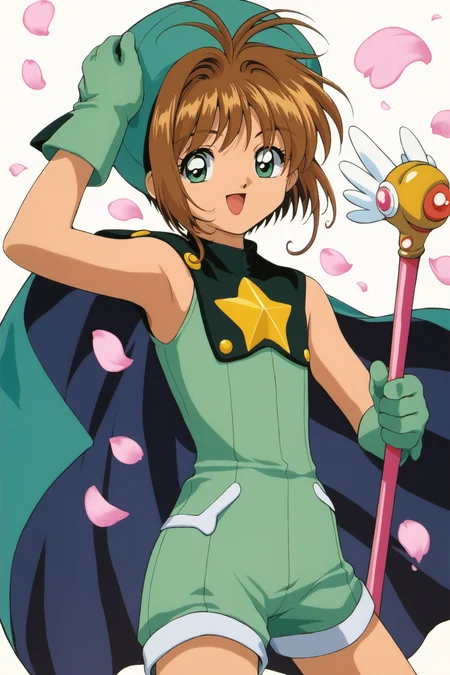 1girl, kinomoto sakura, 1990s (style), green eyes, hat, retro artstyle, gloves, smile, brown hair, fuuin no tsue, short hair, cowboy shot, magical girl, open mouth, holding, green gloves, shorts, :d, wand, green shorts, solo, green headwear, white background, antenna hair, holding wand, wings, bangs, kero, cape, looking at viewer, hand on headwear, arm up, sleeveless, petals, simple background,score_9,score_8_up,<lora:Card Captor Sakura Anime_XL_PONY:0.9>,
