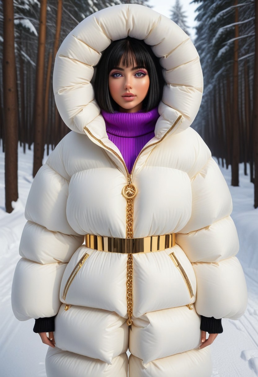 ((((puffer padded jacket)))), ((((puffer padded coat)))), ((((full body)))), ((((fur boots)))), ((((puffer pants)))), ((((puffer hood up)))), winter, snow, forest, 1girl, solo, (masterpiece), detailed face, detailed eyes, (beautiful detailed eyes:1.5), sidelighting, (super detail, hyper detail, intricate_details, detailed), (semi realistic:1.6), (Bob cut), blunt bangs,(black hair), (purple eyes, eyelashs), tanned skin, smug smile, angry face, Golden jewelery, golden rings, golden necklace, golden armlets, golden chains, padded cuffs, padded collar, Thick padded cuffs, Thick padded collar, <lora:Collar-SDXL:0.6>, <lora:Cuffs-SDXL:0.6>, <lora:Puffer_Jacket_and_Down_Jacket_-_Extra_Puffy_Jackets:0.4>, <lora:snowpants_v1:0.4>