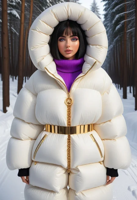 ((((puffer padded jacket)))), ((((puffer padded coat)))), ((((full body)))), ((((fur boots)))), ((((puffer pants)))), ((((puffer hood up)))), winter, snow, forest, 1girl, solo, (masterpiece), detailed face, detailed eyes, (beautiful detailed eyes:1.5), sidelighting, (super detail, hyper detail, intricate_details, detailed), (semi realistic:1.6), (Bob cut), blunt bangs,(black hair), (purple eyes, eyelashs), tanned skin, smug smile, angry face, Golden jewelery, golden rings, golden necklace, golden armlets, golden chains, padded cuffs, padded collar, Thick padded cuffs, Thick padded collar, <lora:Collar-SDXL:0.6>, <lora:Cuffs-SDXL:0.6>, <lora:Puffer_Jacket_and_Down_Jacket_-_Extra_Puffy_Jackets:0.4>, <lora:snowpants_v1:0.4>