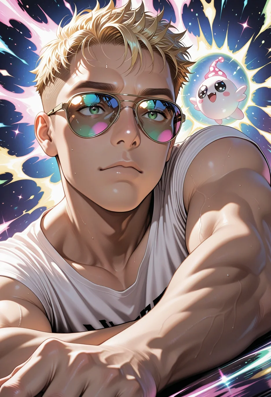 masterpiece, best quality, good quality, newest, highres, incredibly_absurdres, dramatic angle, Storytelling visuals, Rule of Thirds, stocky (1boy:1.2) , aviator sunglasses, Magic Realism, Tranquil, Kintsugi, (kase_daiki:0.8) , (hidefu_kitayan:0.3) , (ojipon:0.5) , Blonde and pastel green peekaboo highlights, dramatic angle, dynamic pose, pixie_cut, manly face, male, ( <lora:illu\enhance\Accelerater_ILL_PAseer.safetensors:1.0:1.0> <lora:add-detail-xl.safetensors:0.8:0.8> <lora:illu\new\ppw_v7_Illuv1.0.safetensors:0.6000000000000001:0.6000000000000001>
