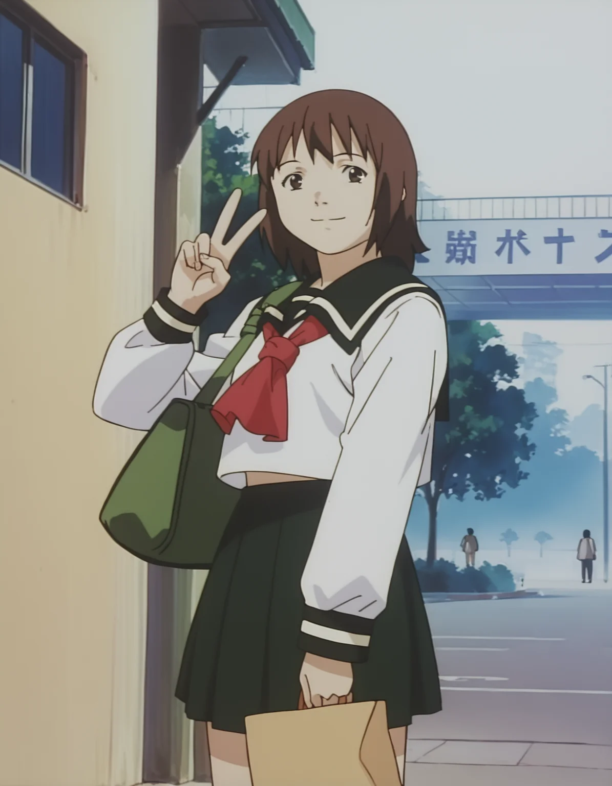 score_9, score_8_up, score_7_up, source_anime, <lora:boogiepop-2000-ponyxl:0.85> 1girl, miyashita touka, serafuku, pleated skirt, sidewalk, upper body, v, smile