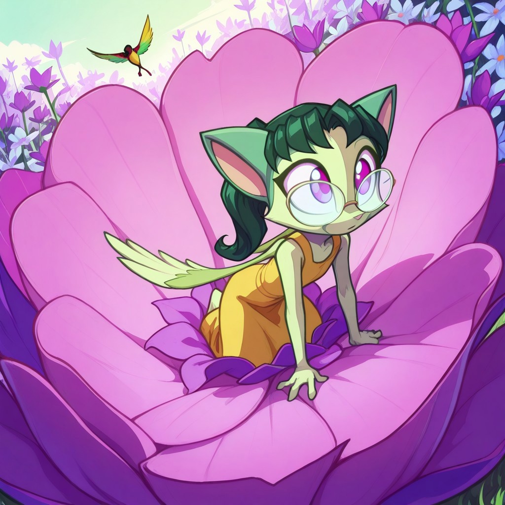 Dreamkeepers,1girl,prelude_lilith,solo,furry,tail,green hair, source_furry,glasses,magenta eyes,
child, kid, 
solo, hummingbird, ride, fantasy, outdoors, long_hair, dress, detailed_background, riding on the back of a giant hummingbird as it zips over a blooming garden. The vivid colors of the flowers and the gentle flutter of wings create a scene full of wonder.