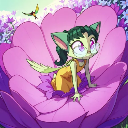 Dreamkeepers,1girl,prelude_lilith,solo,furry,tail,green hair, source_furry,glasses,magenta eyes,
child, kid,
solo, hummingbird, ride, fantasy, outdoors, long_hair, dress, detailed_background, riding on the back of a giant hummingbird as it zips over a blooming garden. The vivid colors of the flowers and the gentle flutter of wings create a scene full of wonder.