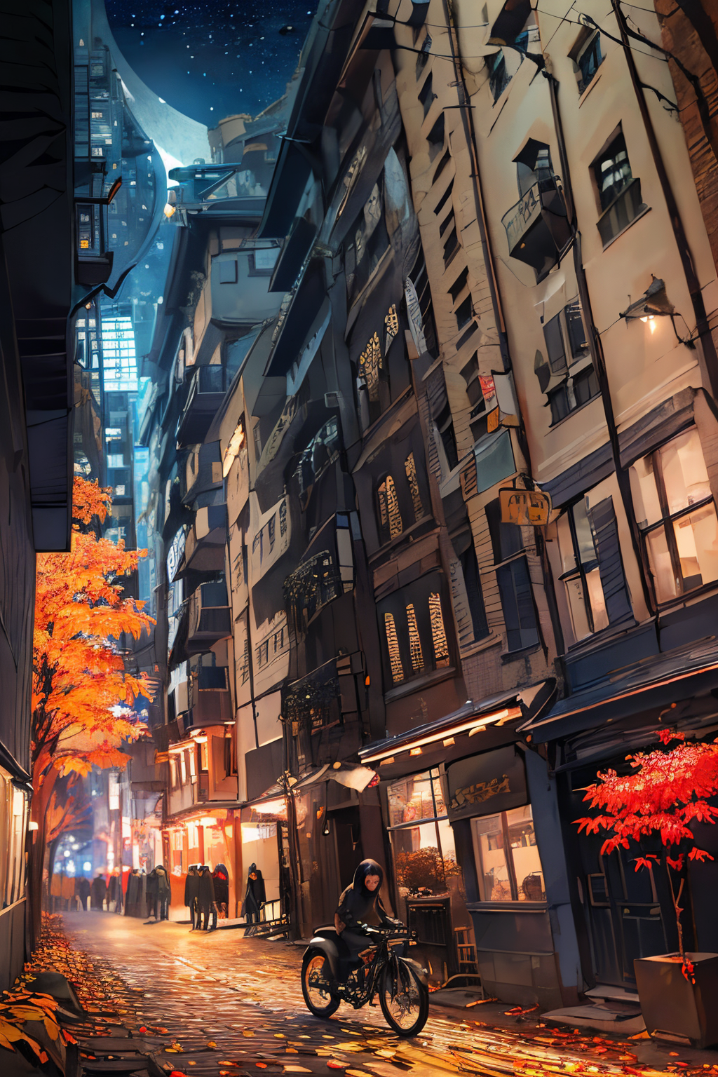(Realistic:1.5) EdobSyFyCityLandscape, autumn leaves, autumn leaves, autumn leaves, moon, black hair, bicycle, vehicle focus, black hair, star (sky), alley, <lora:EdobSyFyCityLandscape_v1.0:0.8>