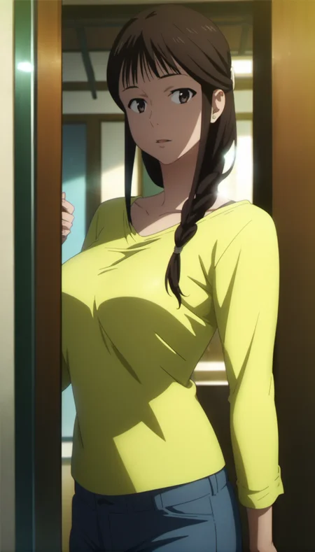 score_9,score_8_up,score_7_up,
<lora:MisatoSegawa:1>,
misato segawa,
1girl,solo,black hair,bangs,braid,brown eyes,looking at viewer,furrowed brow,parted lips,yellow t-shirt,long sleeves,
blurry background,bloom,lens flare,vignetting,indoors,
