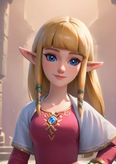 1girl, solo,
score_6, score_7, score_8, score_9, masterpiece, best quality, highly detailed,
 <lora:Princess_Zelda_-_Skyward_Sword:1> elf ears, blue eyes, blunt bangs, blonde hair, sidelocks, bracelet, source_skywardsword, source_zelda, 
joy, upper_body, hand on hip,