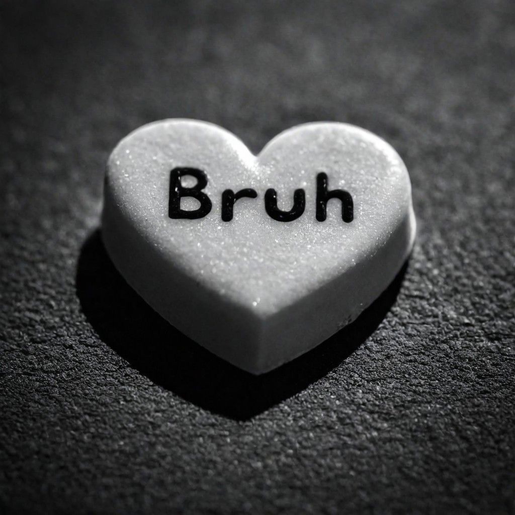 cinematic, ((black and white, monochrome, greyscale)), close up, of a candy heart, sweetheart, that says 'BRUH', noise, detailed, high quality, cinematic lighting, contrast, heavy dynamic shadows, atmospheric,