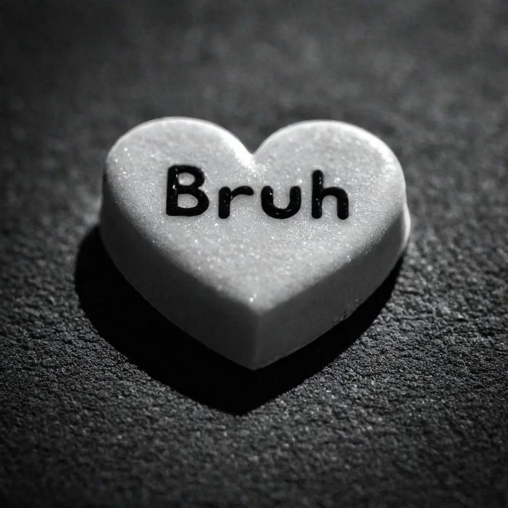 cinematic, ((black and white, monochrome, greyscale)), close up, of a candy heart, sweetheart, that says 'BRUH', noise, detailed, high quality, cinematic lighting, contrast, heavy dynamic shadows, atmospheric,