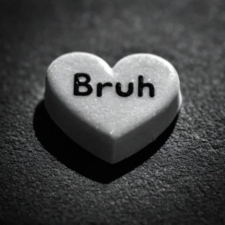 cinematic, ((black and white, monochrome, greyscale)), close up, of a candy heart, sweetheart, that says 'BRUH', noise, detailed, high quality, cinematic lighting, contrast, heavy dynamic shadows, atmospheric,
