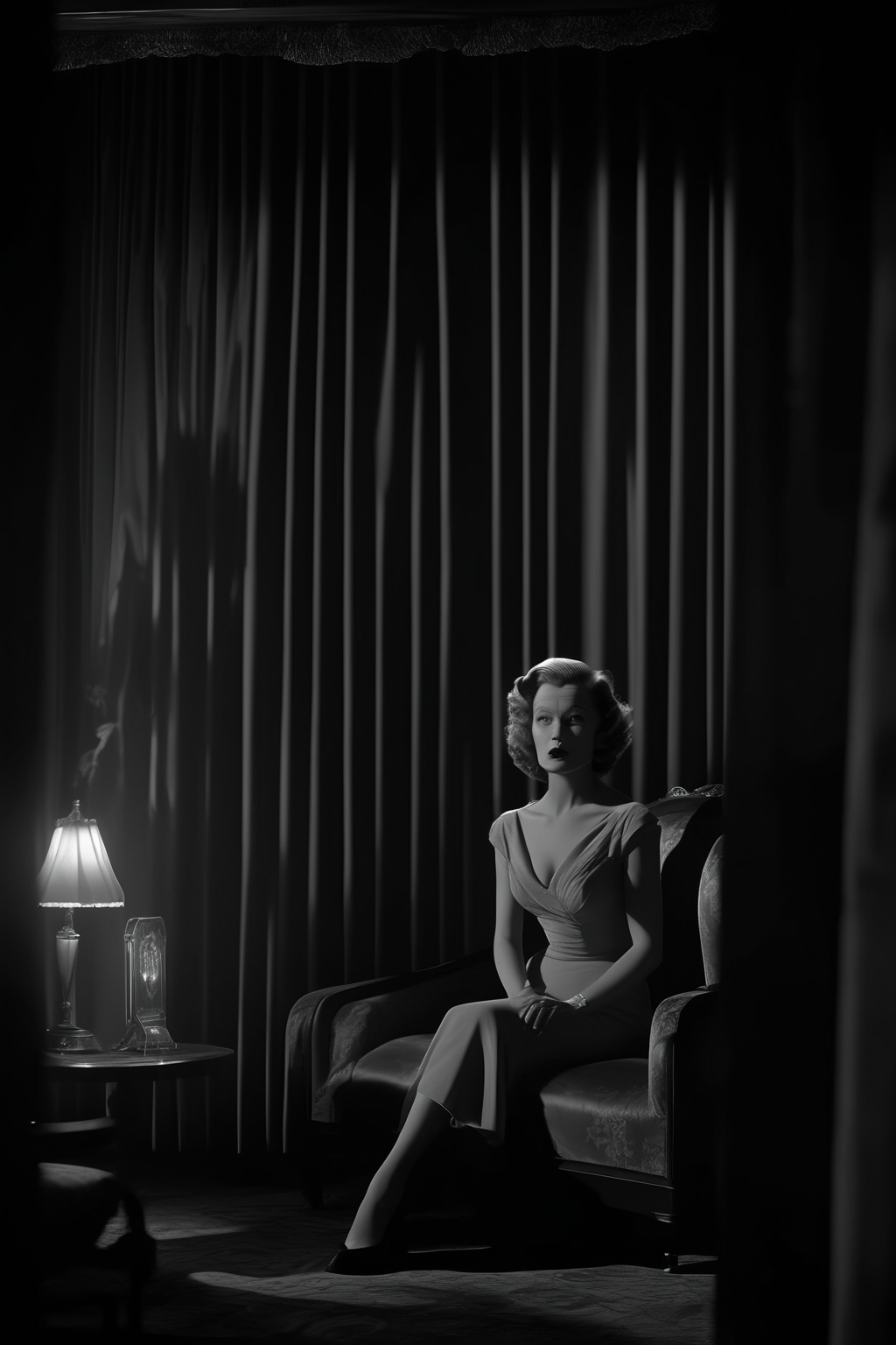 <lora:Director David Lynch style:1>Director David Lynch style - A woman waiting in a speakeasy with red curtains and luxurious furniture, black and white, background shrine, full body character design, dramatic film noir movie screengrab, 1945 era, volumetric visor light, eye light, interior scene shot on a Fujifilm Velvia
