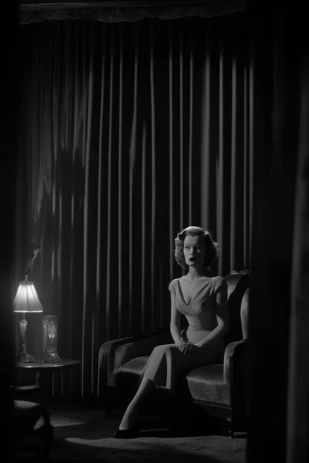 <lora:Director David Lynch style:1>Director David Lynch style - A woman waiting in a speakeasy with red curtains and luxurious furniture, black and white, background shrine, full body character design, dramatic film noir movie screengrab, 1945 era, volumetric visor light, eye light, interior scene shot on a Fujifilm Velvia