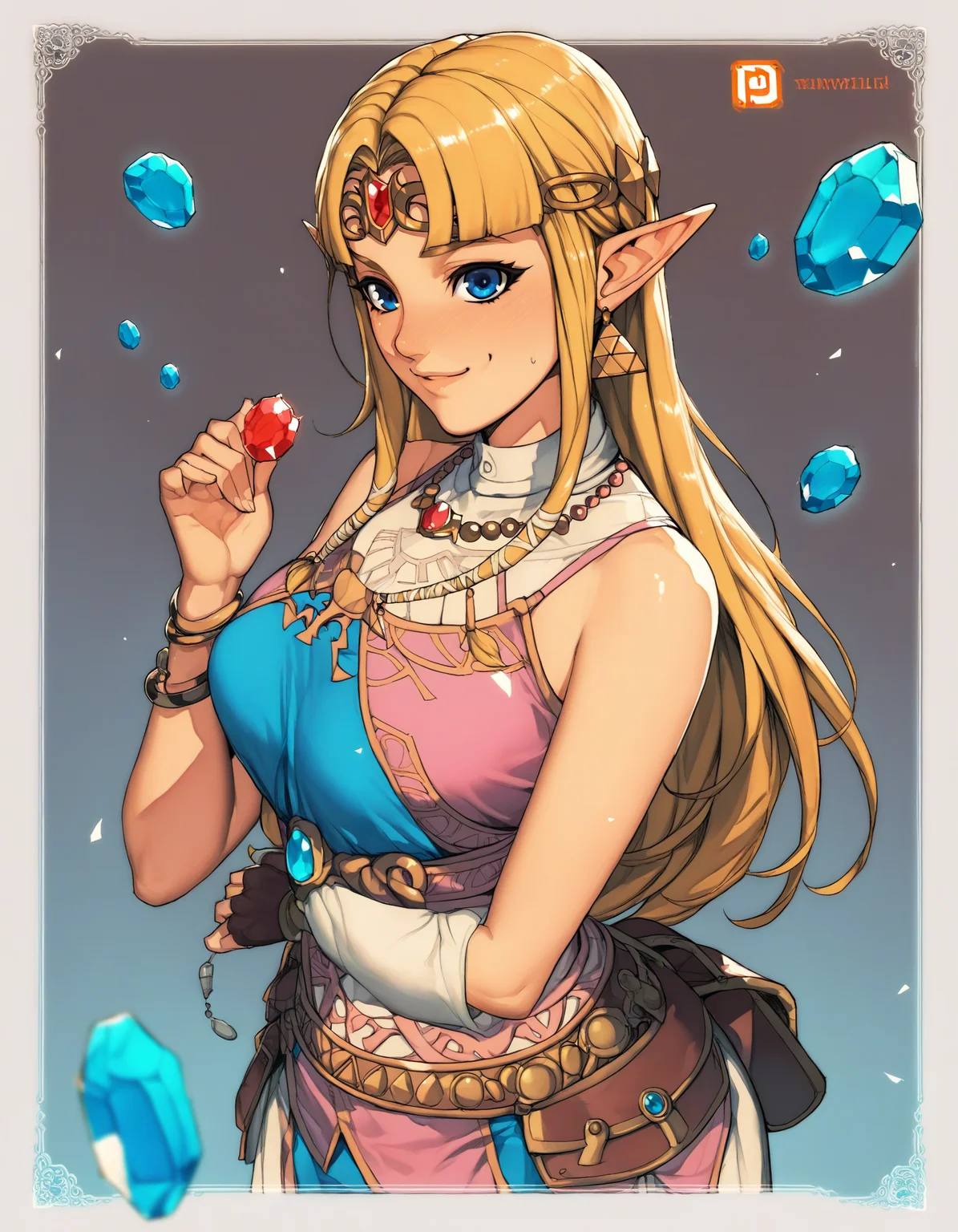 1girl, solo, female,
Princess Zelda, a link between worlds, nintendo, blue eyes, blonde hair, gem, hylian, breasts, smile,
BREAK
score_9, score_8_up, score_7_up, score_6_up, source_anime, rating_questionable <lora:odanon_style_v2:1>