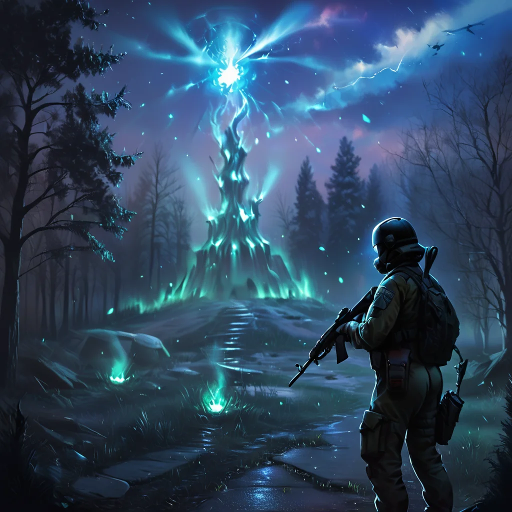 score_9, score_8_up, score_7_up, score_6_up, score_5_up, score_4_up,
StalkerWorld,anomaly,, weapon, gun, rifle, tree, holding weapon, holding, holding gun, assault rifle, 1boy, outdoors, night, helmet, male focus, sky, scenery, solo, military, <lora:stalker_pony:0.6>