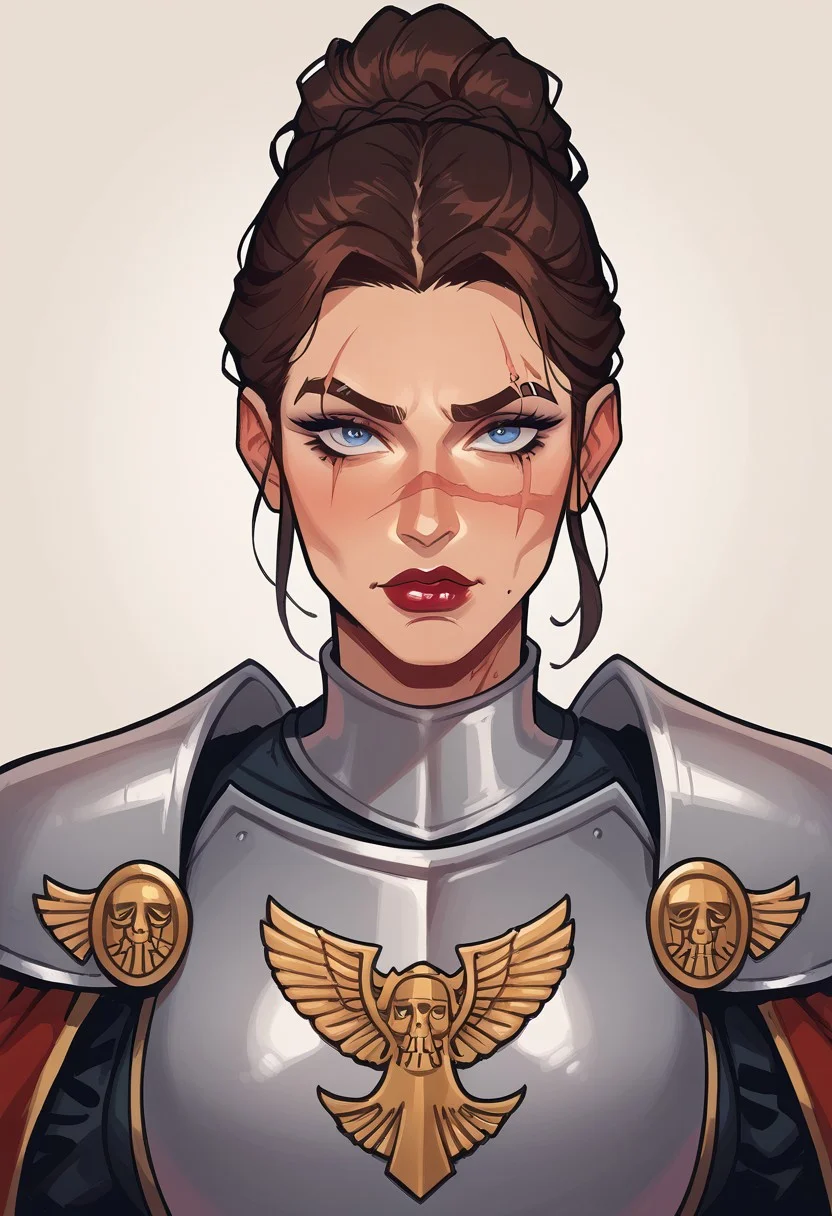 score_9, score_8_up, score_7_up, score_6_up, score_5_up, score_4_up, eye contact, looking at viewer, source_anime, naughty traditional art, lineart, DC, woman, rating_questionable, zPDXL, medieval office, knight lady, upper body portrait, scar over left eye, updo braid, knight armor, cuirass, gorget, pauldrons, breastplate, warhammer40kcommissar