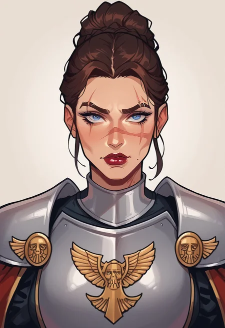 score_9, score_8_up, score_7_up, score_6_up, score_5_up, score_4_up, eye contact, looking at viewer, source_anime, naughty traditional art, lineart, DC, woman, rating_questionable, zPDXL, medieval office, knight lady, upper body portrait, scar over left eye, updo braid, knight armor, cuirass, gorget, pauldrons, breastplate, warhammer40kcommissar