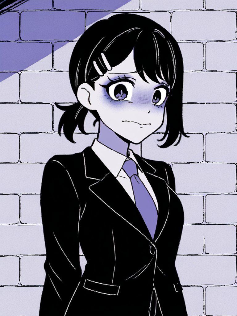 1girl, monochrome, purple theme, 
higashiyama kobeni,
black hair, ponytail, hairclip, 
black suit, black jacket, pants, necktie, formal,

looking at viewer, nervous, closed mouth, wavy mouth,
upper body, brick wall, standing, 