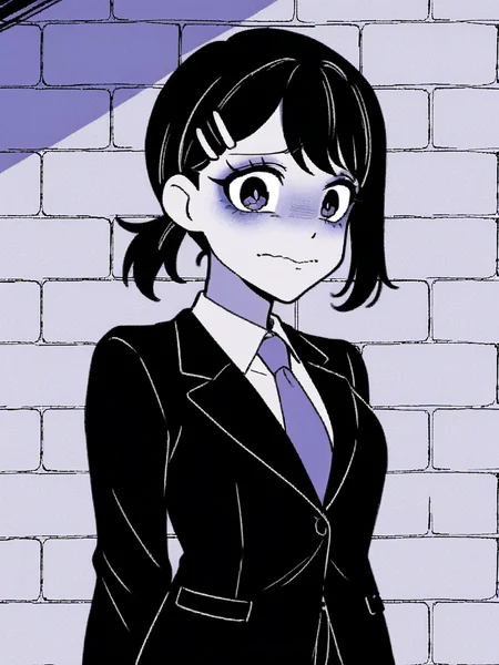 1girl, monochrome, purple theme,
higashiyama kobeni,
black hair, ponytail, hairclip,
black suit, black jacket, pants, necktie, formal,
looking at viewer, nervous, closed mouth, wavy mouth,
upper body, brick wall, standing,