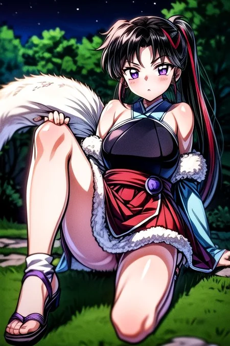 masterpiece, best quality 1girl Setsun4 solo long hair, (night time) forest background black hair very long hair purple eyes multicolored hair armor (fur trim) (medium body),<lora:EMS-179-EMS:0.800000>,<lora:EMS-293862-EMS:0.800000>ascot, bare shoulders, black footwear, detached sleeves, embellished costume, frills, japanese clothes, nontraditional miko, red skirt, sandals, sarashi, skirt, socks, armor, miko