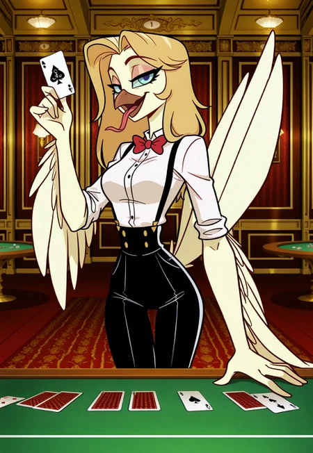 safe_pos, 1girl, (solo), littlewing, (orange beak), (light yellow skin), colored skin, big eyes, blue eyes, one tone skin, (light yellow feathers), long hair, light orange hair, light orange eyebrows, narrow eyebrows, feathered arms, feathered hands, (light yellow hands), eyelashes, open mouth, naughty face, fur, body fur, light yellow bird tail, tail raised, (long tongue:1.2),

narrow waist, medium breasts, skinny, hip dips, thigh gap,

high-waist black pants, white dress shirt, red bowtie, suspenders,

indoors, casino, looking at viewer, beckoning, pov across table, poker table, playing card, cards, from side, holding cards,

masterpiece, best quality, amazing quality, very aesthetic, absurdres, newest, 
