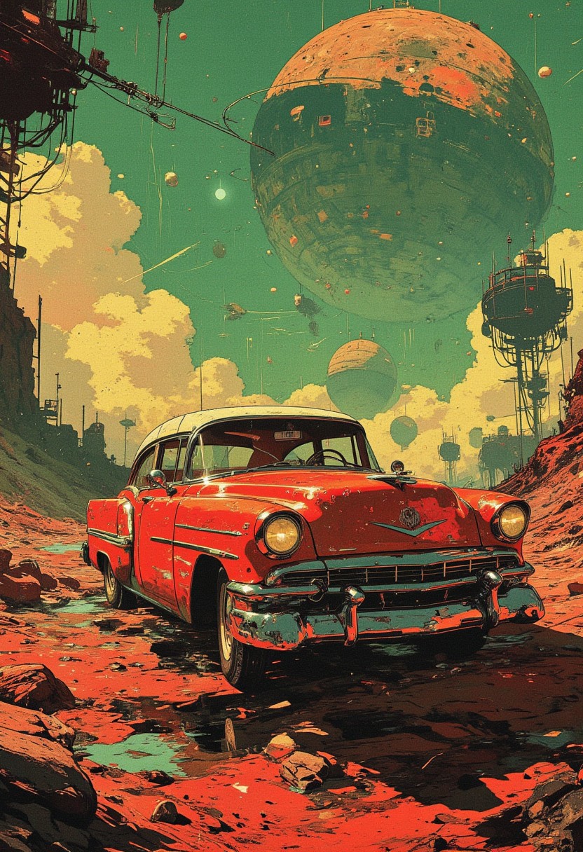 ((retro-futuristic, surreal landscape, classic car, otherworldly sky, vintage meets sci-fi, chromatic reflections, dreamlike colors))
A retro-futuristic artwork featuring a 1950s-style red classic car with chrome details parked in a surreal alien landscape. The background features enormous planets, floating orbs, and ethereal clouds. The scene is illuminated with soft, diffused lighting and vibrant colors, including rich reds, pastel greens, and shimmering highlights on the reflective car surface. The atmosphere combines vintage aesthetics with a dreamy sci-fi ambiance