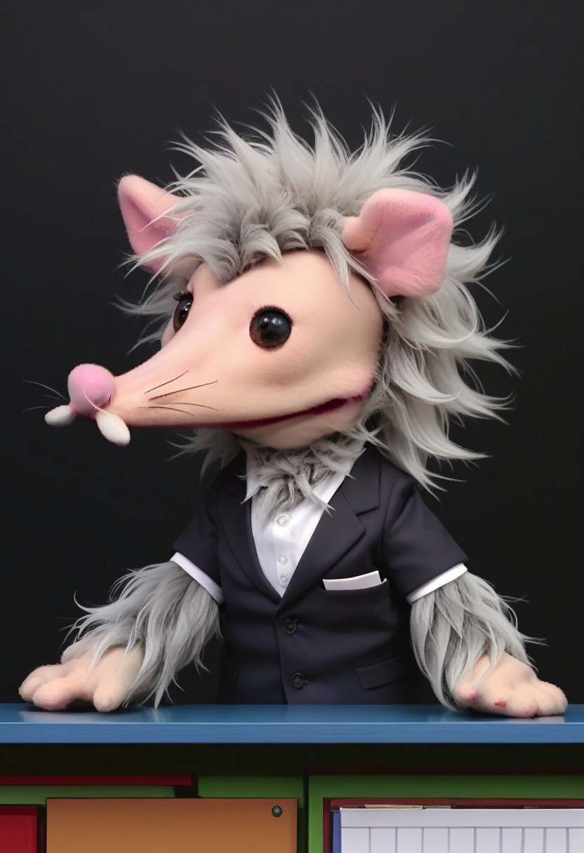 score_9, score_8_up, score_7_up, ratamx, medium shot, side view, happy, small black eyes, furry, disheveled hair, cute, round pink nose, chibi, at desk, office suit, office background, frames on the wall