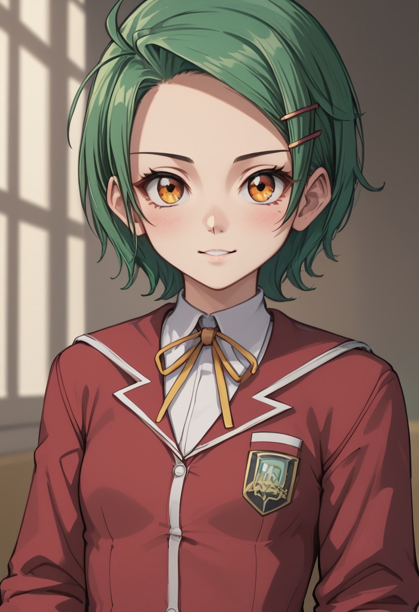 score_4,score_5,score_6,score_7_up,score_8_up,score_9
((masterpiece,best quality,ultra detailed,highres,HD,4k:1.2)),
(small breast:1.2),1 cute girl,solo,
Erika,lime green hair,very short hair,orange eyes,((hairpin)),parted bangs,
school uniform, red cardigan, black miniskirt,