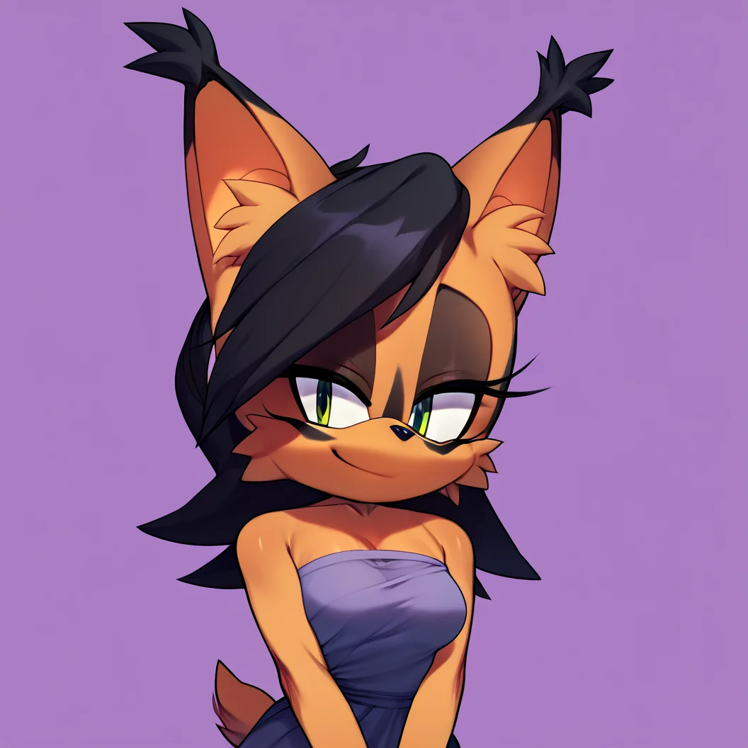 score_9, score_8_up, score_7_up, score_6_up, score_5_up, score_4_up, <lora:Marthedog:1> marthedog, <lora:Nicolethelynxpny:1>, nicole the lynx, 1girl, breasts, looking at viewer, smile, simple background, dress, bare shoulders, closed mouth, green eyes, standing, tail, own hands together, purple background, sonic the hedgehog \(series\), furry, furry female, black hair, animal ears, animal nose, animal ear fluff, solo, solo focus, body fur, brown fur, facial markings