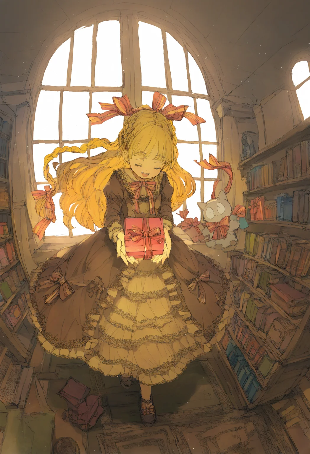 1girl, solo, ribbon, dress, closed eyes, window, long hair, braid, blonde hair, book, open mouth, hair ribbon, gift, smile, indoors, bow 
,masterpiece,best quality,very aesthetic,absurdres,
<lora:åºæ°´fornoob:0.95>