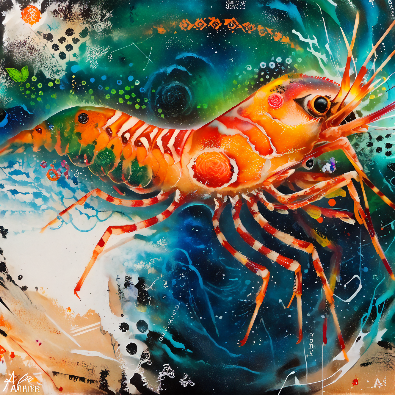 score_9,score_8_up,score_7_up,al_pt, acrylic paint (medium),surreal,colorful, an abstract painting of a shrimp using a vivid and textured palette. Capture the shrimp's form with sweeping, curved lines and vibrant colors like fiery reds, deep oranges, and shimmering golds. Integrate fluid, wave-like patterns to suggest its aquatic environment, allowing the shrimp to merge seamlessly with the background while maintaining a focus on its distinctive shape and movement