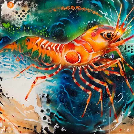 score_9,score_8_up,score_7_up,al_pt, acrylic paint (medium),surreal,colorful, an abstract painting of a shrimp using a vivid and textured palette. Capture the shrimp's form with sweeping, curved lines and vibrant colors like fiery reds, deep oranges, and shimmering golds. Integrate fluid, wave-like patterns to suggest its aquatic environment, allowing the shrimp to merge seamlessly with the background while maintaining a focus on its distinctive shape and movement