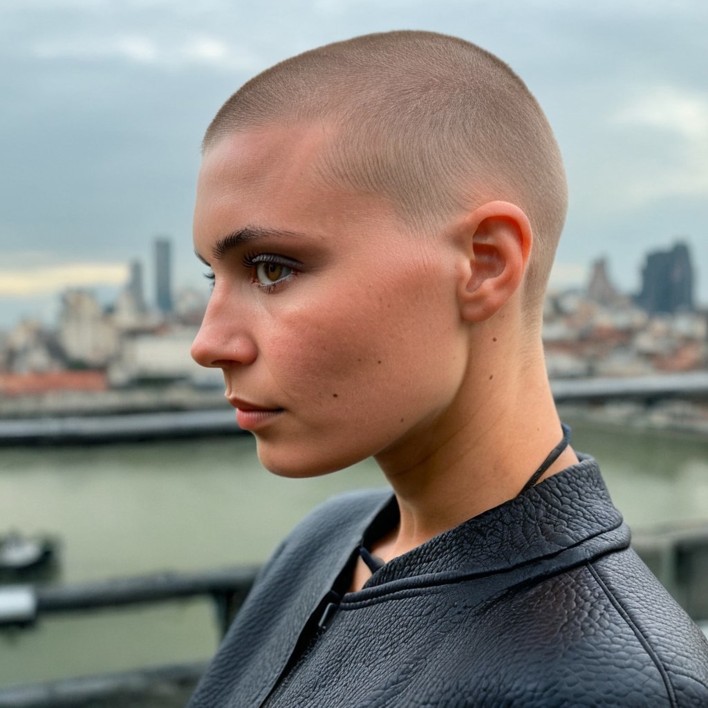 Buzzcut, no hair, bald, Blade Runner style, (Skin Texture, pores, natural,iPhone,RAW)), natural lighting, Highest Quality closeup Portrait photo of a woman wearing no makeup with a ((buzzcut)), side view, profile, silver eyes, Nikon Z9, realistic matte skin, blurry city in the background, 8K,