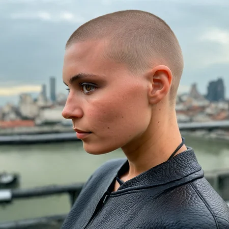 Buzzcut, no hair, bald, Blade Runner style, (Skin Texture, pores, natural,iPhone,RAW)), natural lighting, Highest Quality closeup Portrait photo of a woman wearing no makeup with a ((buzzcut)), side view, profile, silver eyes, Nikon Z9, realistic matte skin, blurry city in the background, 8K,