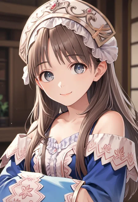 score_9, score_8_up, score_7_up, source_anime, totooria helmold, long hair, brown hair, greyish-blue eyes, 1girl, smile, solo, blue sleeves, looking at viewer, long sleeves, upper body