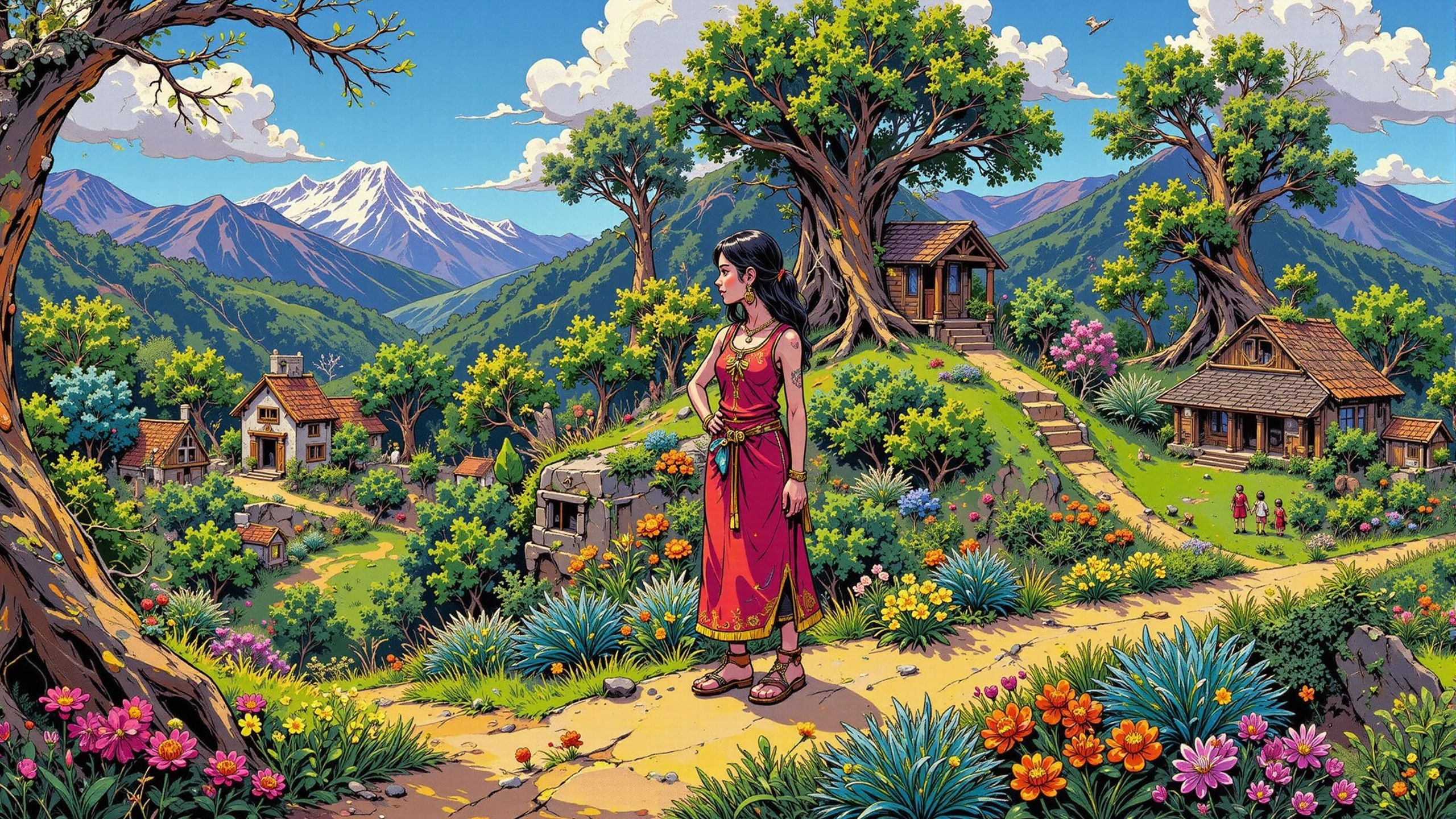 indian village beautiful  landscape, morning, woman, very intricate, very detailed, sharp, bright, colorful, <lora:Hand v2:0.5> <lora:Anti-Blur:1><lora:Insane Detail Slider:0.25>  <lora:flux.1_lora_flyway_Epic-detail_v2:0.3><lora:fluxenhancer:0.35> <lora:neon-graffiti-punk-flux:1> mad-grfftpnk