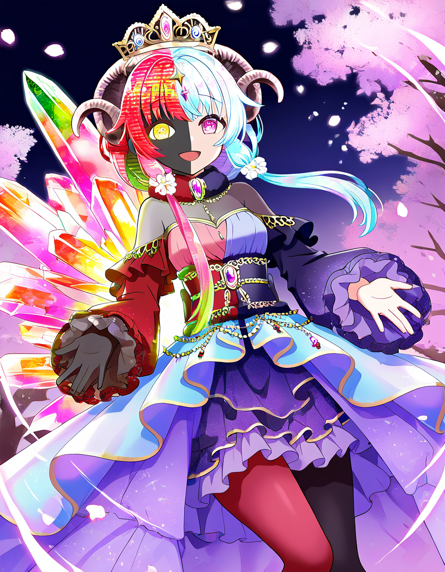 masterpiece, best quality, newest, absurdres, highres, safe, 1girl, uwasa no mikoto, magia record: mahou shoujo madoka magica gaiden, two-tone hair, two-tone face, huge crystal, solo, smile, open mouth, outdoors, cherry blossoms, night, dutch angle, <lora:sena_mikoto_noobaiXLNAIXL_vPred10Version:0.7>