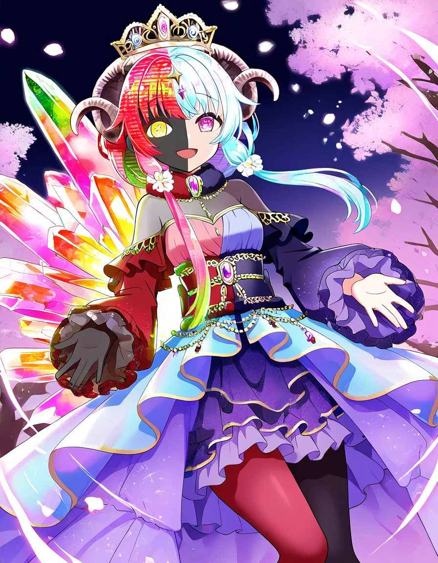 masterpiece, best quality, newest, absurdres, highres, safe, 1girl, uwasa no mikoto, magia record: mahou shoujo madoka magica gaiden, two-tone hair, two-tone face, huge crystal, solo, smile, open mouth, outdoors, cherry blossoms, night, dutch angle, <lora:sena_mikoto_noobaiXLNAIXL_vPred10Version:0.7>
