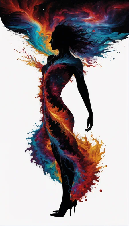 a short, slender ((female body silhouette wrapped in splash made of shiny nebula [Mandelbrot] printed on drawing of shiny fluffy fur )), glossy, shiny, vibrant colors, (reflective), volumetric, casts bright colorful highlights, refractions, best quality, partially translucent, sharp clear art, self-illuminating, inner glow, ((lighting bloom effect)), elegantly posing-dancing, reflective floor, (style of dan hillier :1.2),, (white, ruby and black color scheme)
<lora:add-detail-xl:1.5> <lora:offset_0.2:1.5>