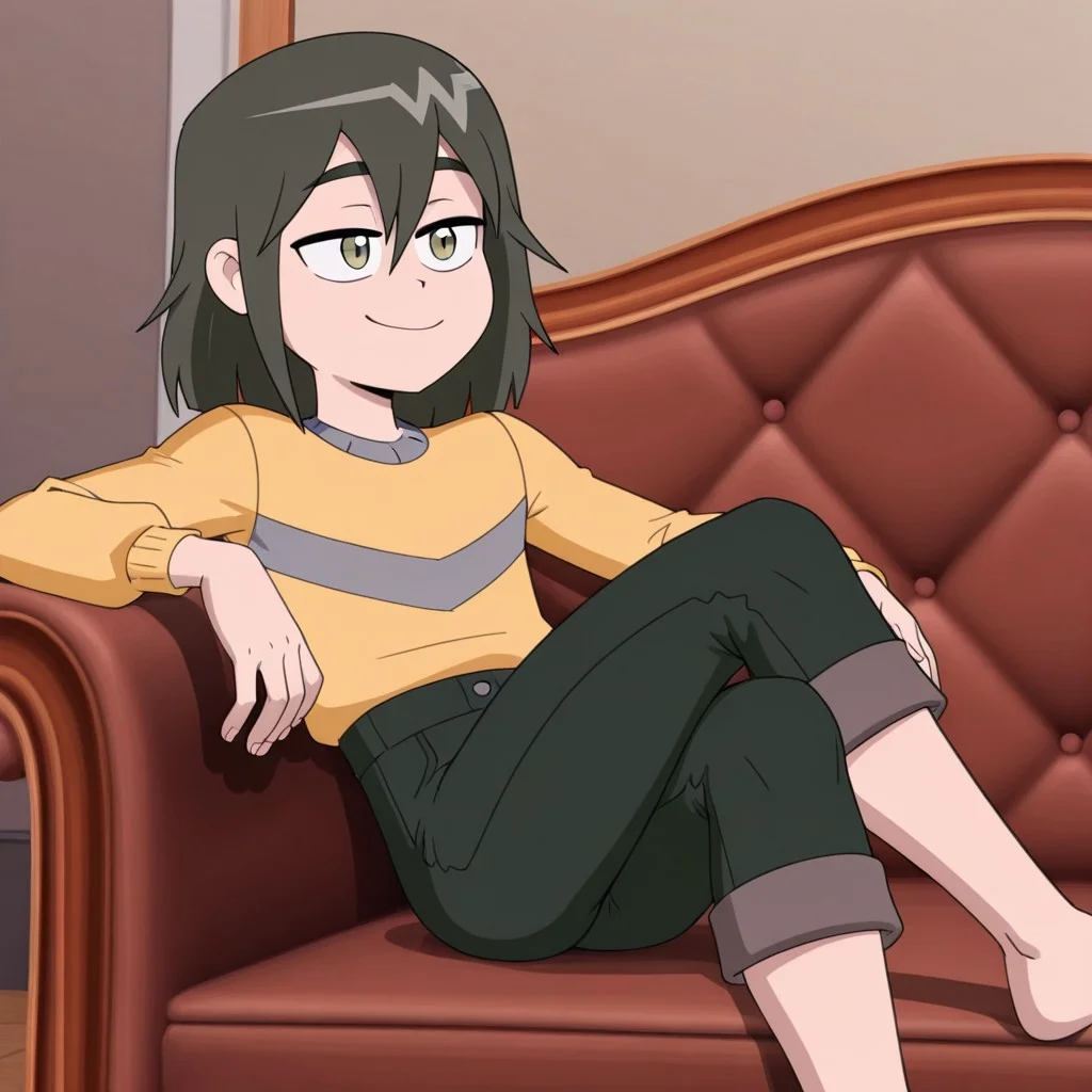 , SlimeBoy, medium hair,grey eyes,1boy, Casual outfit,smile, sitting on couch,legs crossed,solo