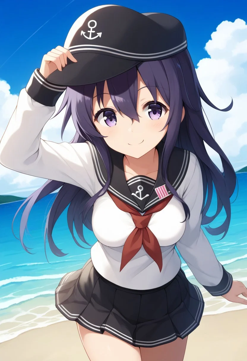 score_9,score_8_up,score_7_up,source_anime,anime, BREAK,
(cute),1girl, akatsuki (kancolle), (medium breasts), purple hair, long hair, hair between eyes, purple eyes,
serafuku, black flat cap, black sailor collar, black mini skirt, long sleeves, neckerchief, sailor collar,
smile, cheerful,
any pose,
angle:random,
outdoors, shiny light, beach,