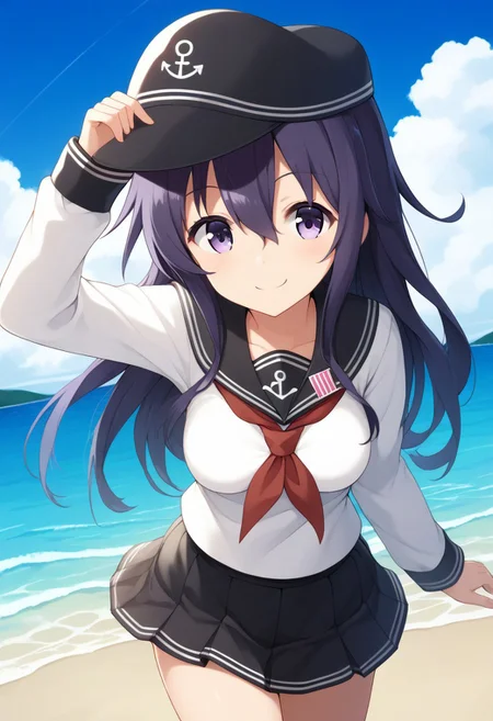 score_9,score_8_up,score_7_up,source_anime,anime, BREAK,
(cute),1girl, akatsuki (kancolle), (medium breasts), purple hair, long hair, hair between eyes, purple eyes,
serafuku, black flat cap, black sailor collar, black mini skirt, long sleeves, neckerchief, sailor collar,
smile, cheerful,
any pose,
angle:random,
outdoors, shiny light, beach,
