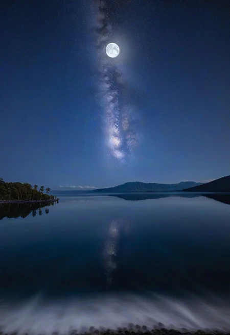ocean, stars, moon, calm, birds, palm trees, beach, reflections, water tides, 8k, highest resolution, masterpiece, night, fireflies, villa, lights, cloud, cherry blossom, day, fantasy, fish, lake, landscape, high snowy mountain, no_humans, ocean, outdoors, river, scenery, sky, splashing, water, watercraft, waterfall, waves, ultra realistic, photorealistic, sea, ocean, (reflection), (ray tracking), (unreal engine), (Japanese), top view, high elevation, (water reflection), (clear water), photorealistic, 8k, unreal engine, super great 3d render, 3d, 3d ray tracking, liquid, super high quality, (super close look at water), Milky Way, Night sky, Painstaking Attention To Details