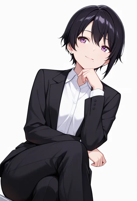 masterpiece,high quality details, absurdres, 
sitting, legs crossed, hand on chin, smiling, relaxed,  ,
<lora:kuro:0.8> kuro_cnr, 1girl,black hair, short hair, purple eyes, mole under mouth, formal, suit, jacket, white shirt,pants, earrings,androgynous,, ^o^,, simple background, white background, dynamic angle,solo,